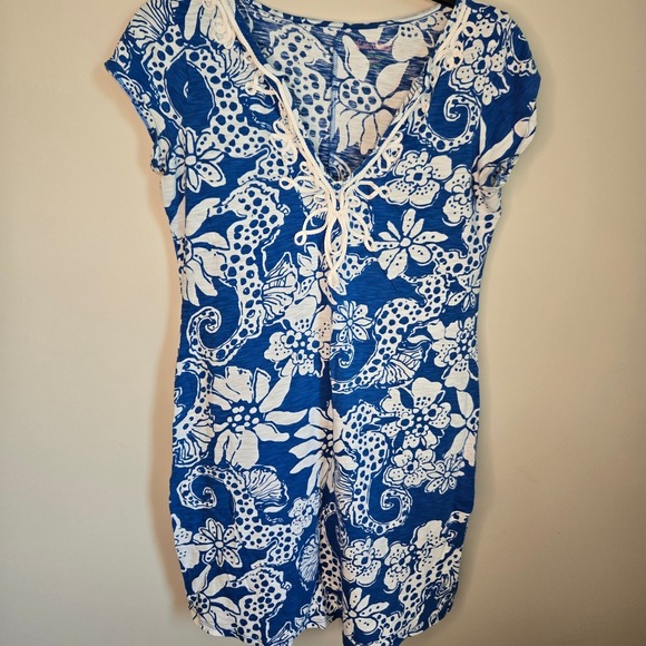 Lilly Pulitzer Dresses & Skirts - Lilly Pulitzer Blue White Floral Sea Creature Cotton V-Neck Tassel Dress M READ